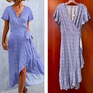 New EcoWish Wrap Dress Size Medium Dainty Floral Ruffles Elegant Blue Wrap Dress